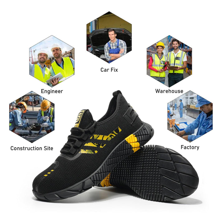 Top view of SLIMTA 2092 yellow safety shoes with wide fit and breathable design"