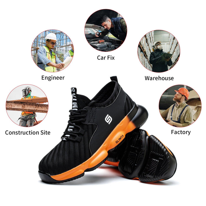 Durable and stylish SLIMTA 832 Airwalk Orange Safety Shoes in Mussafah, Abu Dhabi, designed for industrial and warehouse workers."