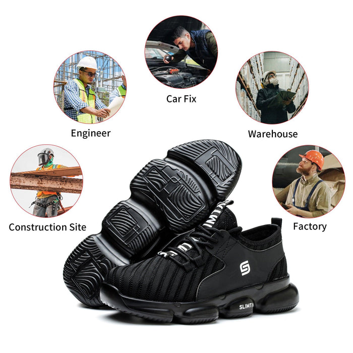 Lightweight and breathable SLIMTA 832 Airwalk Black Safety Shoes for sale in Sharjah, offering wide-fit and anti-puncture features.