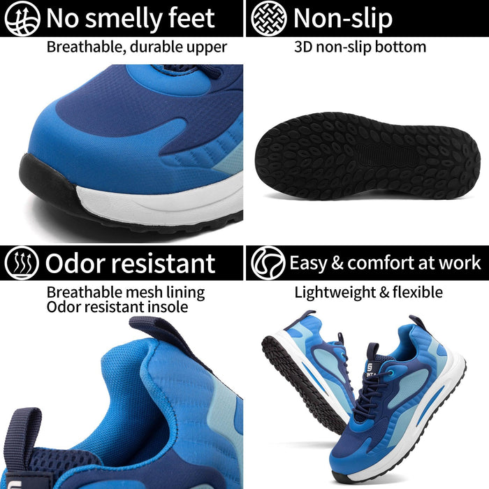 SLIMTA Composite Defender Blue Safety Shoes in Sharjah, providing wide-fit and anti-slip features for warehouse and industrial workers.