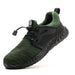 Front view of SLIMTA Green 223 safety shoe with a reinforced toe cap and a stylish green finish