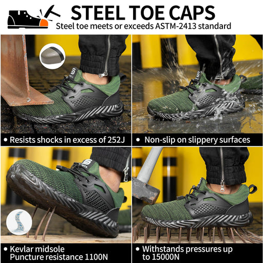 Left-side view of SLIMTA Green 223 safety shoes highlighting the wide-fit design and durable green upper