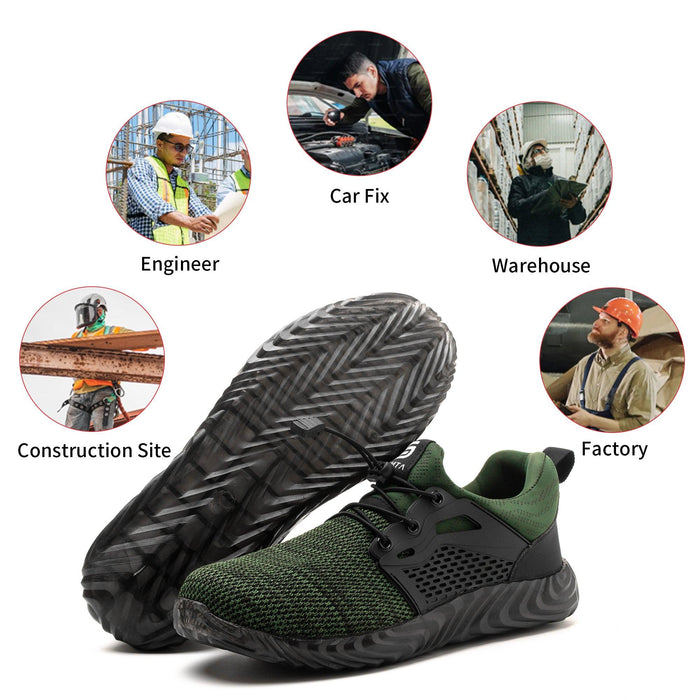 Sole view of SLIMTA Green 223 safety shoes showcasing an anti-slip and puncture-resistant green outsole