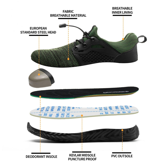 Top view of SLIMTA Green 223 safety shoes displaying breathable green fabric and secure lace-up closure